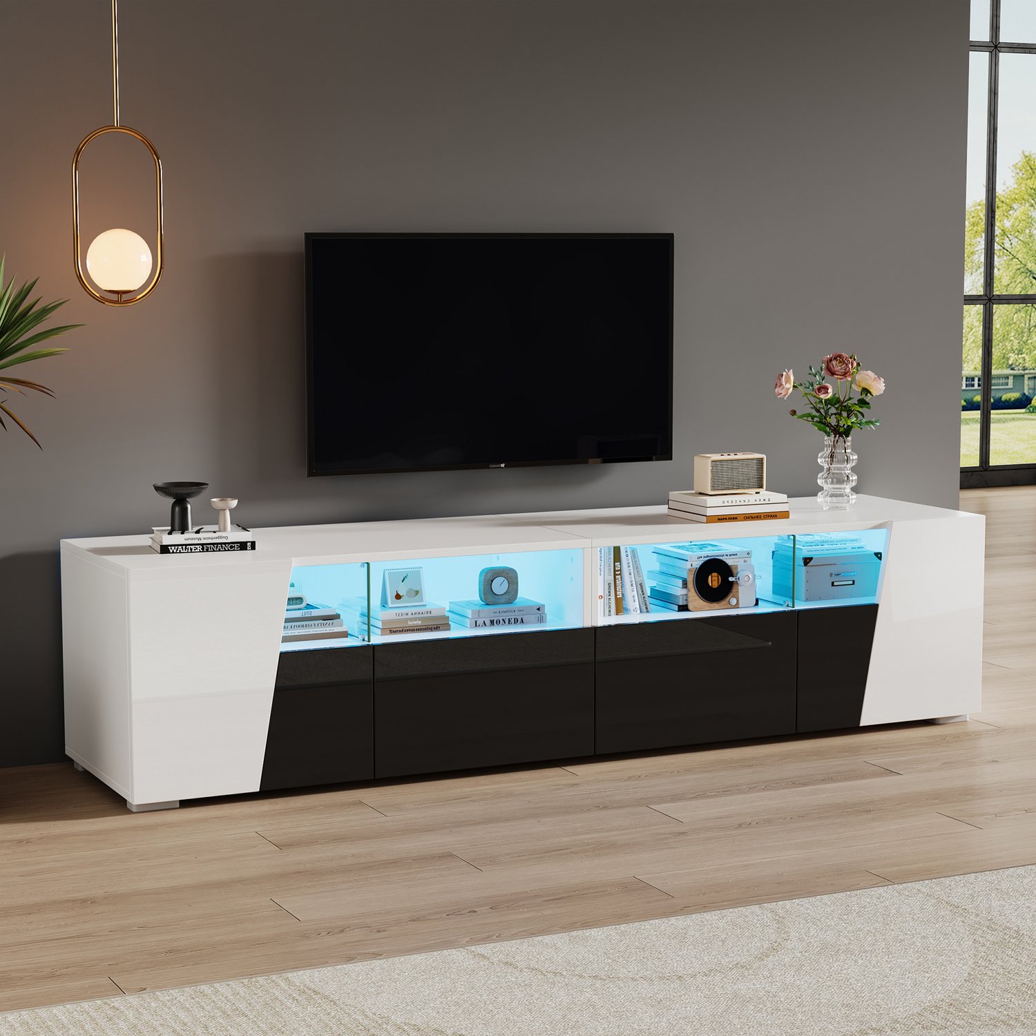 TV-meubel 180 cm met LED-verlichting, Bluetooth appbediening, 2 lades en 2 deuren voor tv tot 80 inch - Zwart-wit
