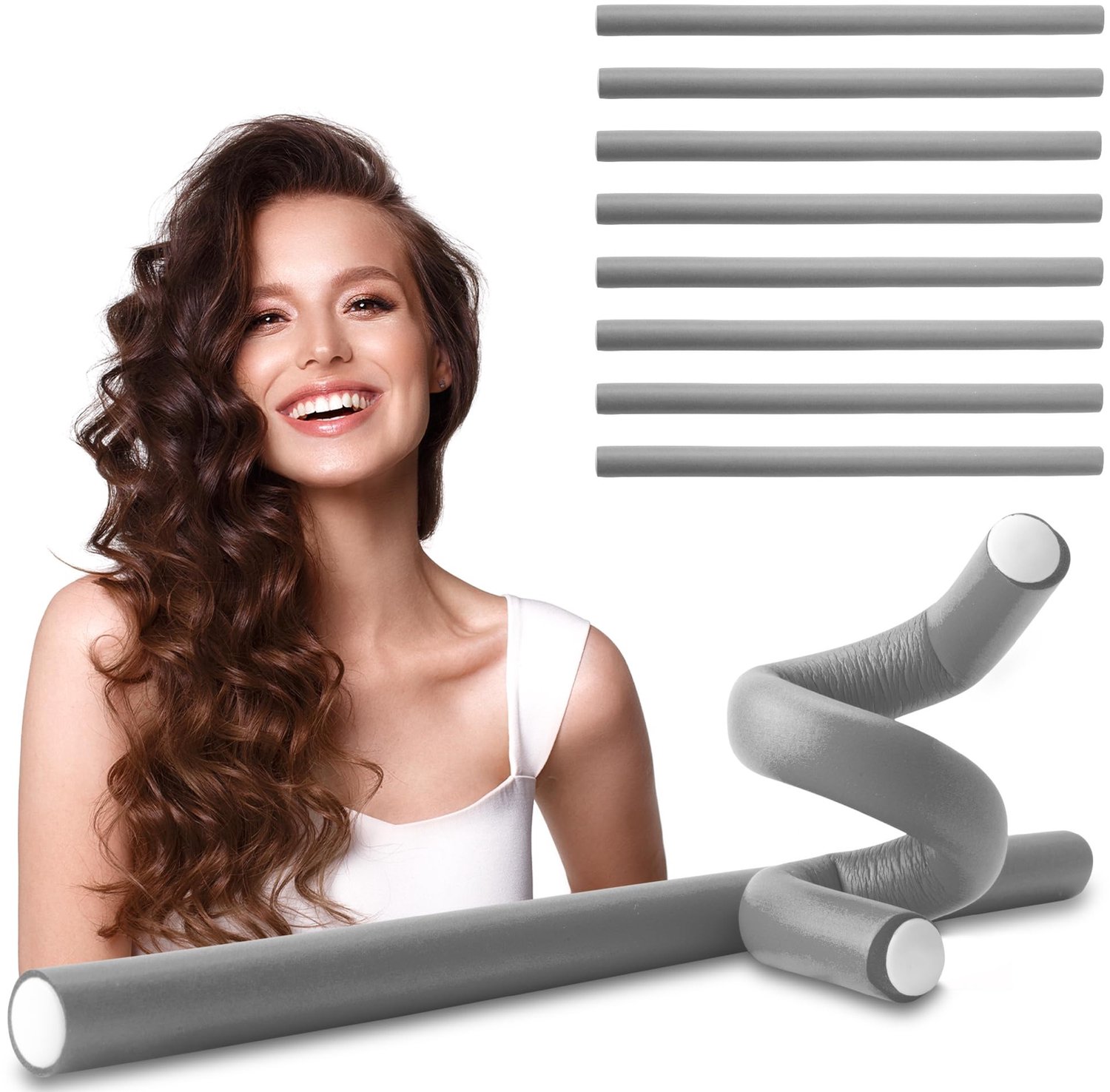 Famanu – Flexibele papilotten krulspelden set van 10 stuks voor het creëren van krullen zonder hitte, geschikt voor kort en lang haar, Ø 14 mm x 240 mm, grijs