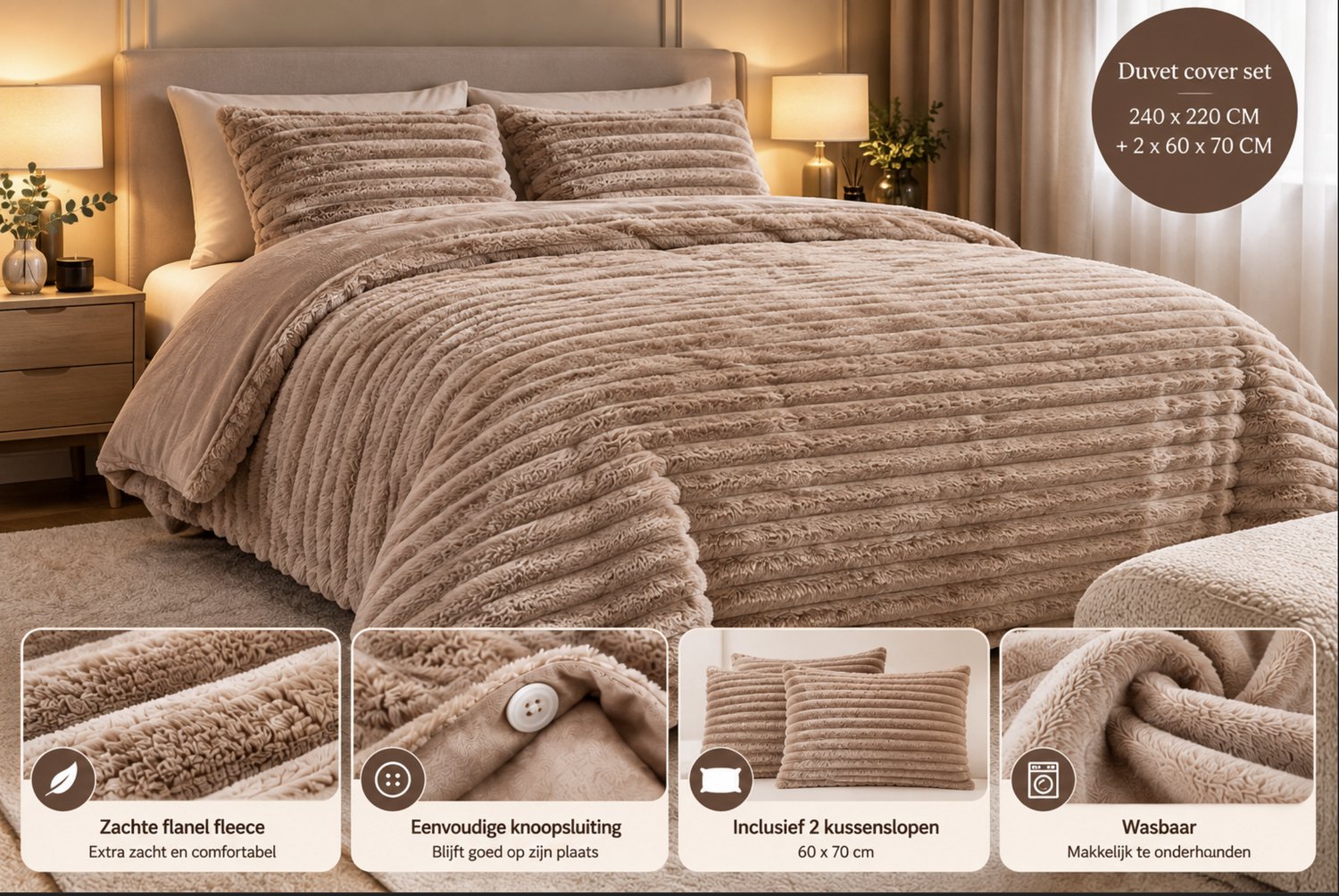 Dekbedovertrek Taupe 240x220 cm – 2-Persoons – Inclusief 2 Kussenslopen 60x70 cm – Extra Zacht & Warm