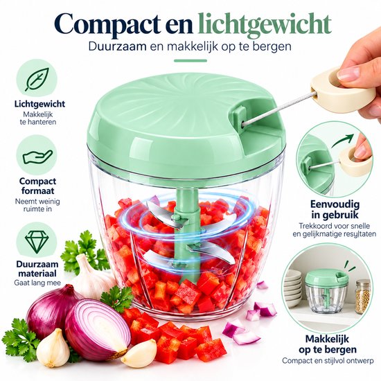 Handmatige Hakmolen XL 900 ml - BPA-Vrij - 5 Scherpe RVS Messen - Groentesnijder - Mandoline Keukensnijder - Chopper - Foodprocessor - Keuken Accessoires - Groen - Löwenthal van Löwenthal — afbeelding 4
