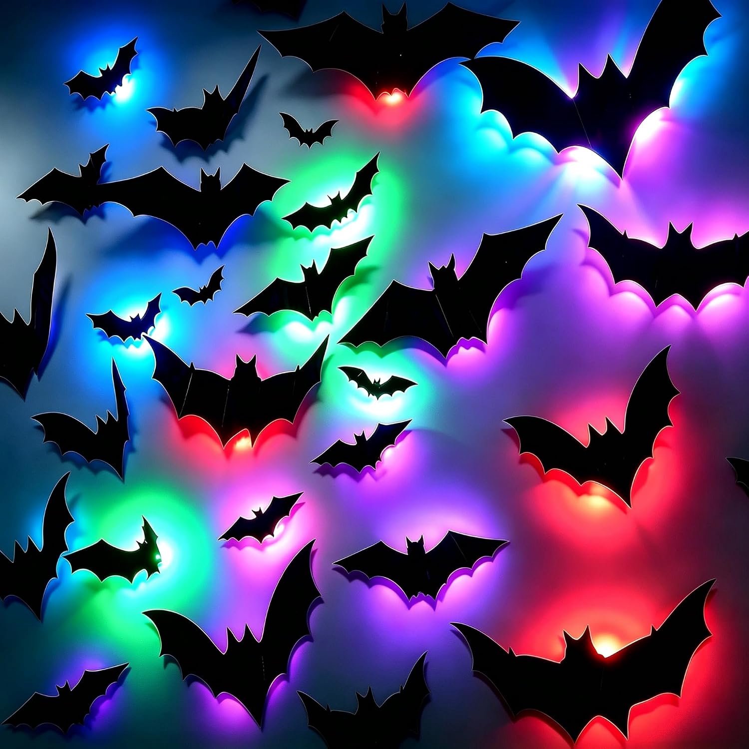 YAGXIG Halloween Bat-muurstickers - Halloween-decoratiebenodigdheden - Halloween-scènestickers - 4 maten - Waterdicht - PVC - Bandjes - Herbruikbaar - Geschikt voor slaapkamers, ramen, deuren, feesten, klaslokalen Spookhuis Spookdecoratie - 36 stuks