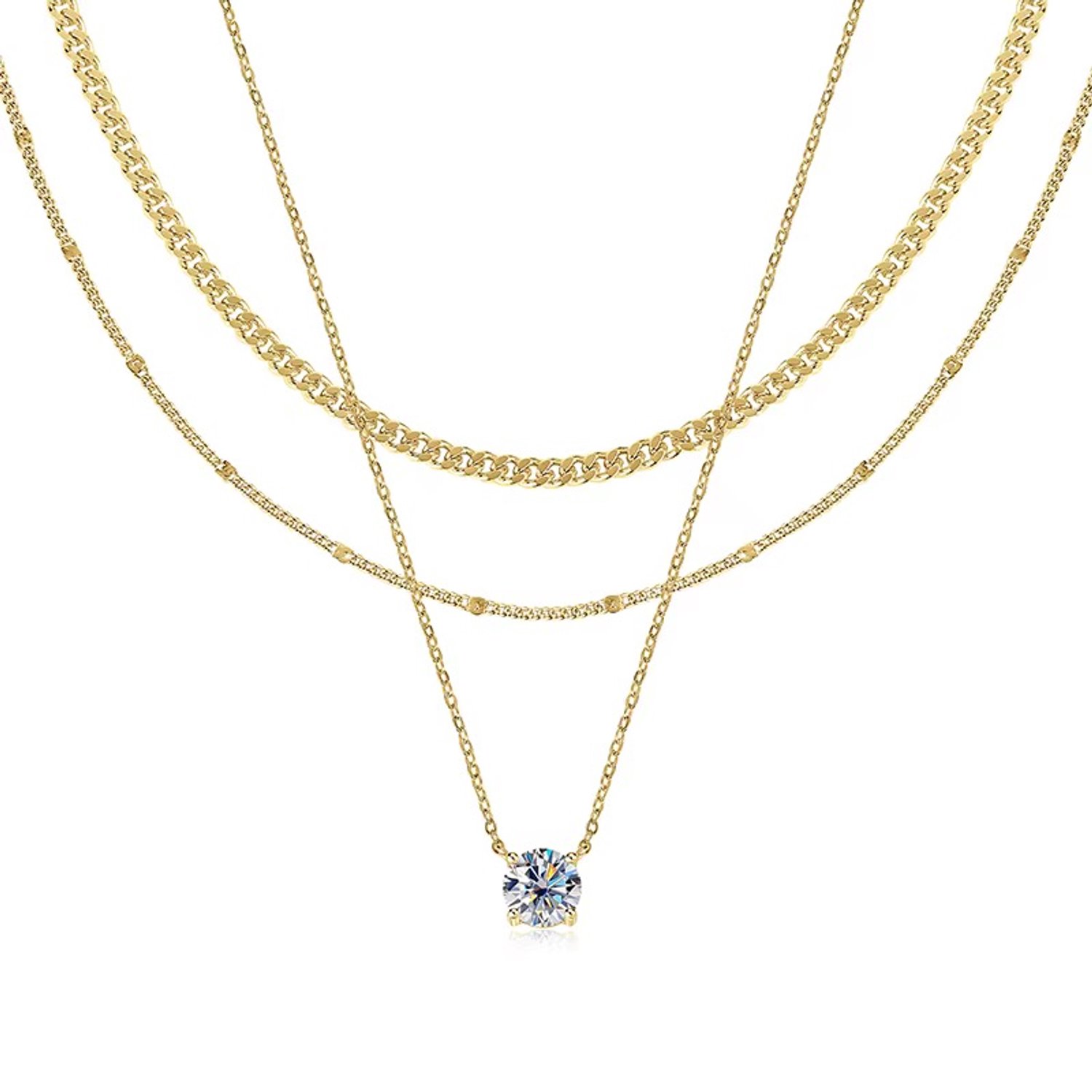 Selevie Gelaagde Schakelketting met Moissanite Hanger - Goud - 1 ct - Golden Double Chain Necklace