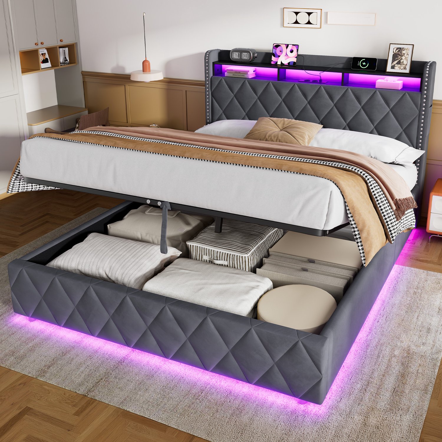 CHICFURN Gestoffeerd Bed 160x200 cm - Slaapkamer - LED-verlichting en laadstation - Hydraulisch opbergbed - Fluweel, hout en metaal - Donkergrijs