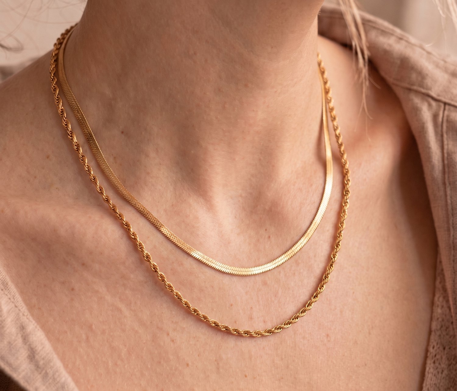 Slangen Ketting Dames 2-Delig - Losse Layered Kettingset - 50 + 5 cm - Roestvrij Staal - Goudkleurig