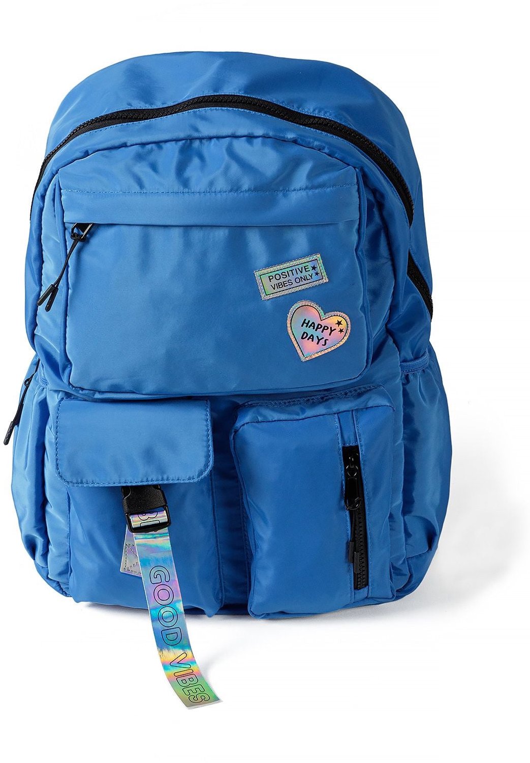 Minoti schooltas meisje – glanzende badges – hartjes en tekst – blauw
