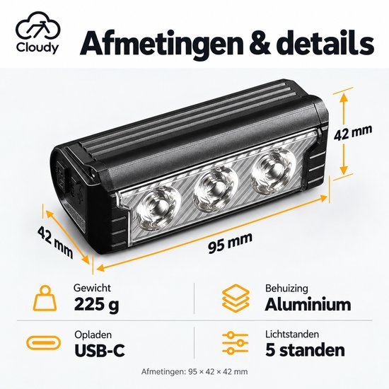 Cloudy - Fietslamp Voorlicht 2500 Lumen – 3 LED – USB-C Oplaadbaar – 3600mAh – 5 Lichtstanden – Batterijindicator – Wit/Geel Licht — afbeelding 3