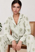 JANE WOLF Dames Pyjama Set 2-delig - Saliegroen met Bladerenprint - Lange Mouw - Lange Broek - Katoen Stretch - Model 4767 Maat L