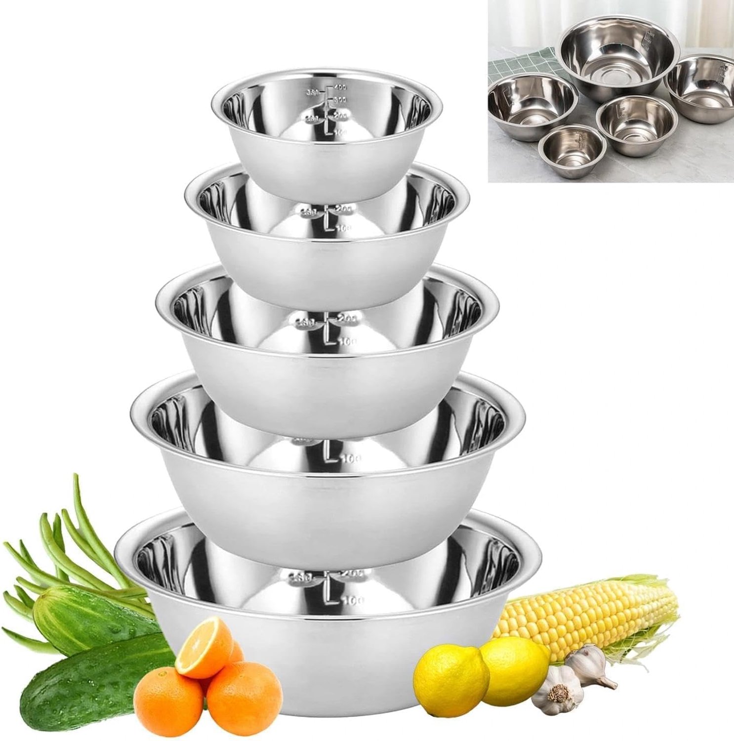 Mengkommen van roestvrij staal - Roerkommen voor bakken koken - Slakommen om te serveren - Stapelbare set vlakke bodem - Vijf maten voor voorbereiden - Vaatwasserbestendig volgens productinformatie - Zilver - Set van 5 Ø14-24cm