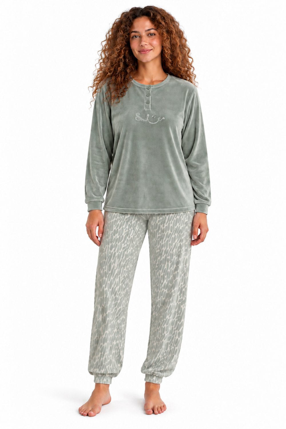 Cocodream - Dames Pyjama Velours - Winter - Green Print - Maat XL