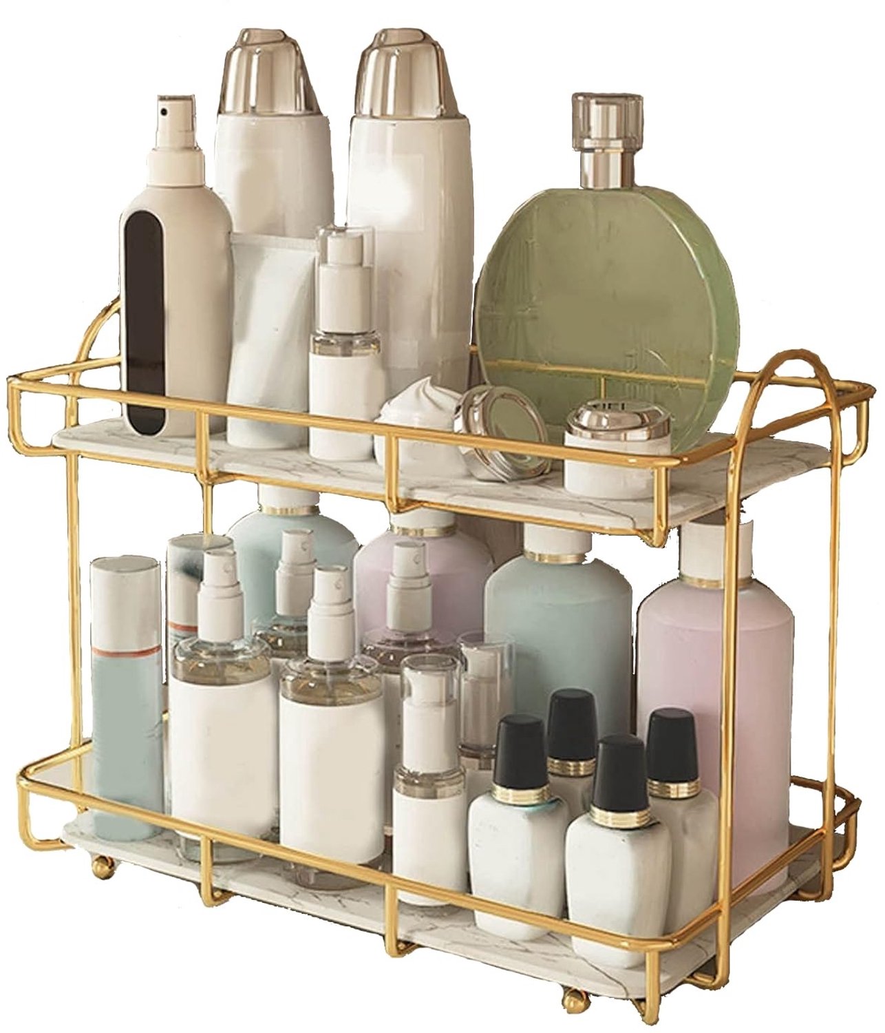 Famanu – 2-laags Cosmetica Opbergplank, Make-up Organizer, Gouden Metalen Plank met Afneembaar Bord