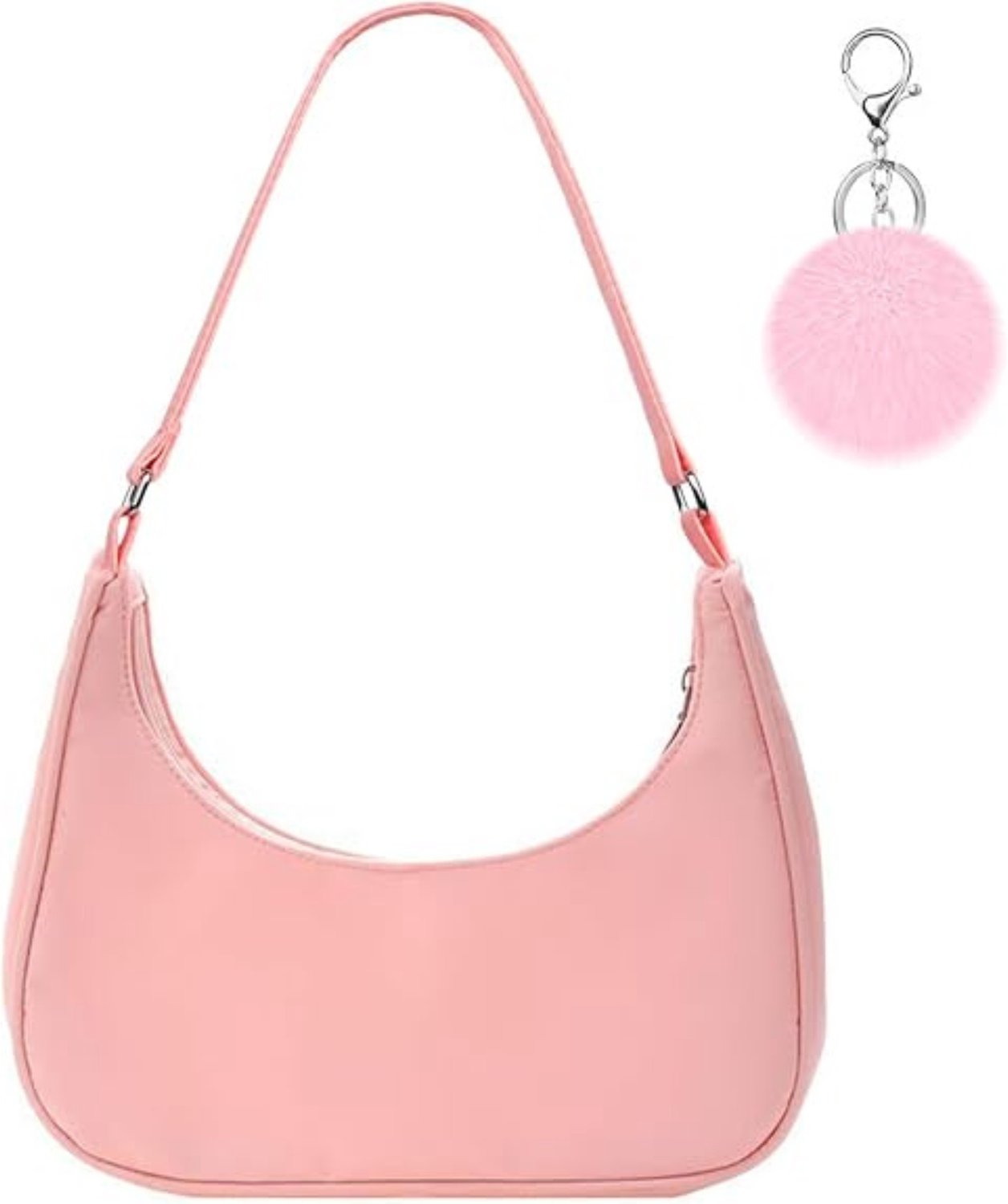 Schoudertas voor dames - Handtas met korte schouderband - Damestas - Compacte tas met ritssluiting - Inclusief bijpassende pompon sleutelhanger - Roze - 27 x 23 x 7 cm