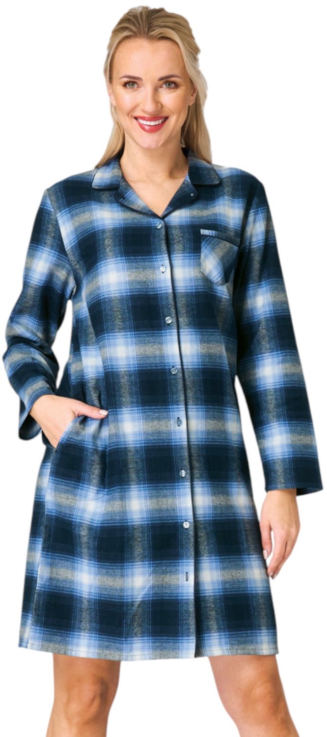 Key Flanellen Nachthemd Dames Doorknoopmodel Lange Mouw Marine Ruit LND 465 38 / M
