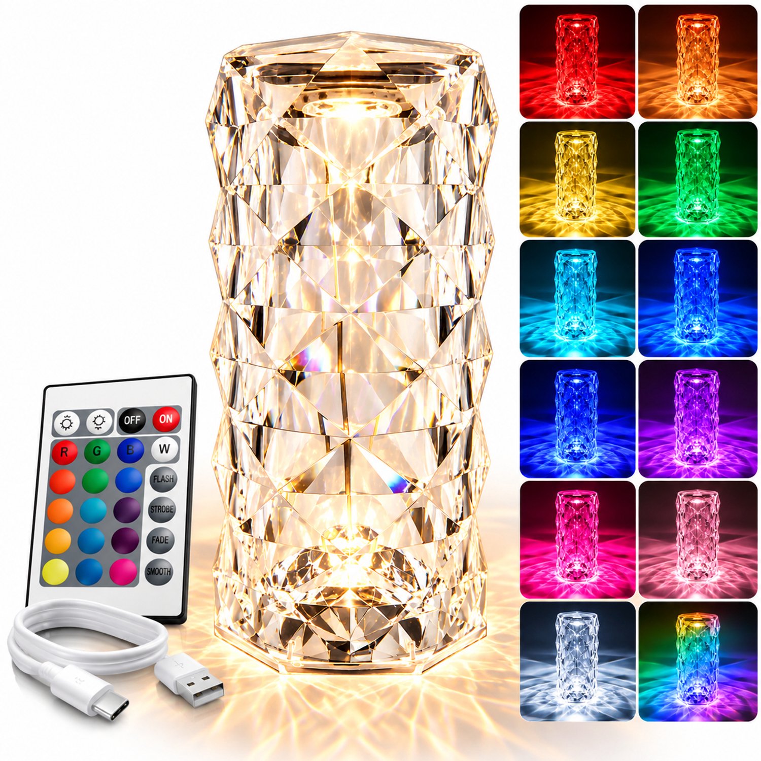 Nina’s Giftshop® Kristallen Nachtlamp – 16 Kleuren LED – Dimbaar – Touch & Afstandsbediening – Oplaadbaar – Roos – Sfeerverlichting – Valentijn Cadeau – Moederdag Cadeau