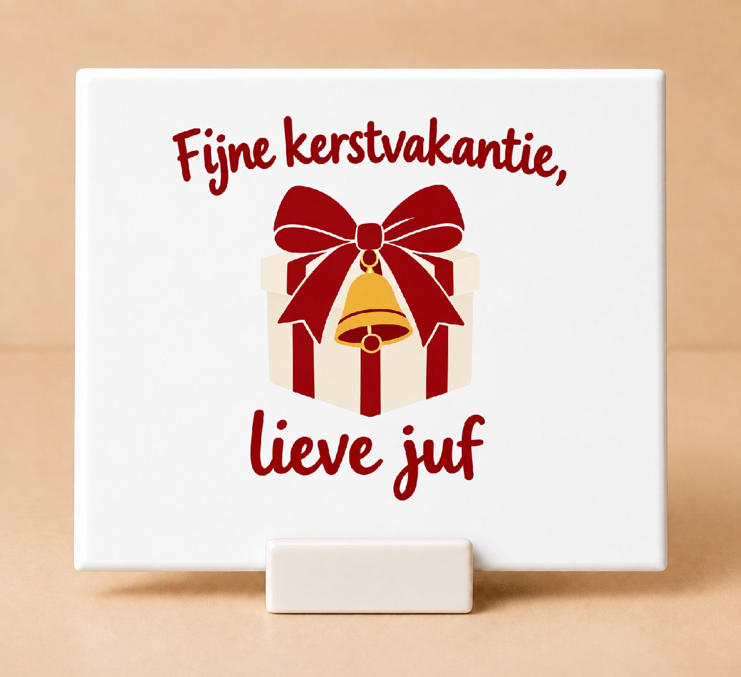Bedruk King Vrolijke Juf en Meester 'Bijna Kerstvakantie' Tegel – Kleurrijke Platte Decoratie voor Onderwijs en Klaslokaal - 15 x 15 cm met houder Wit