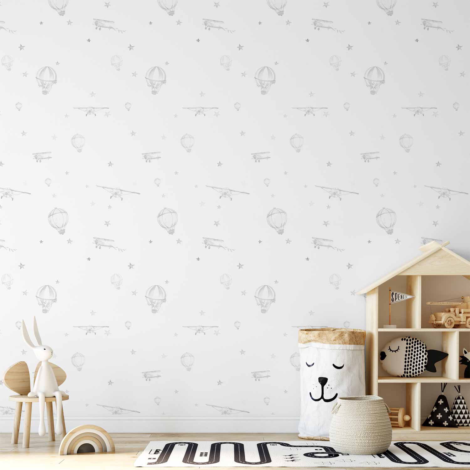 Behang - Watercolor - Airplanes and balloons painted on a white sky background.