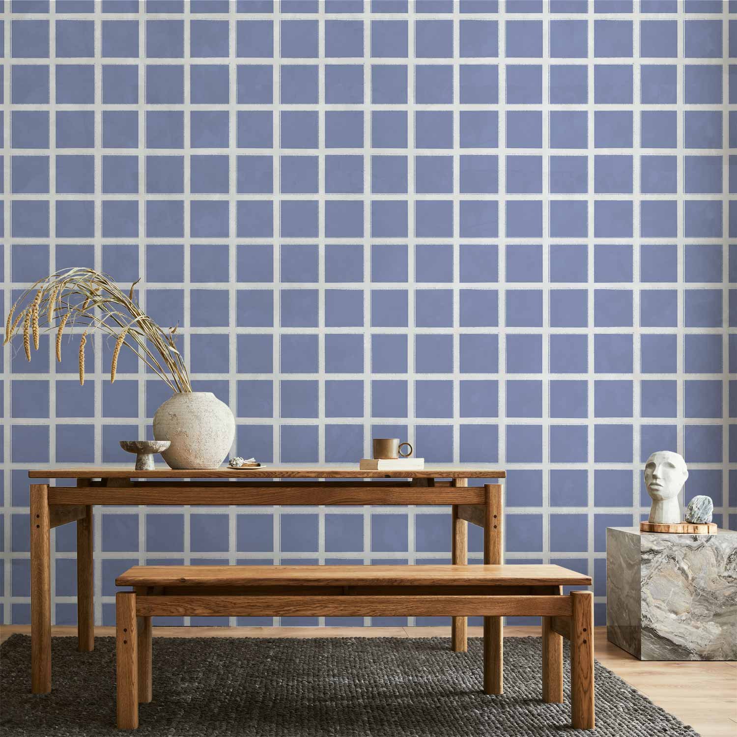 Behang - Lines and Symmetry - Expressive White Grid on a Blue Background