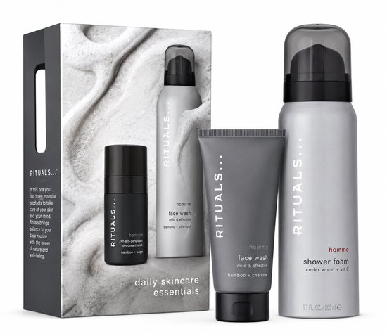Rituals Homme verzorgingsset met douchefoam, gezichtsreiniger en deodorantstick in een grijze geschenkdoos.