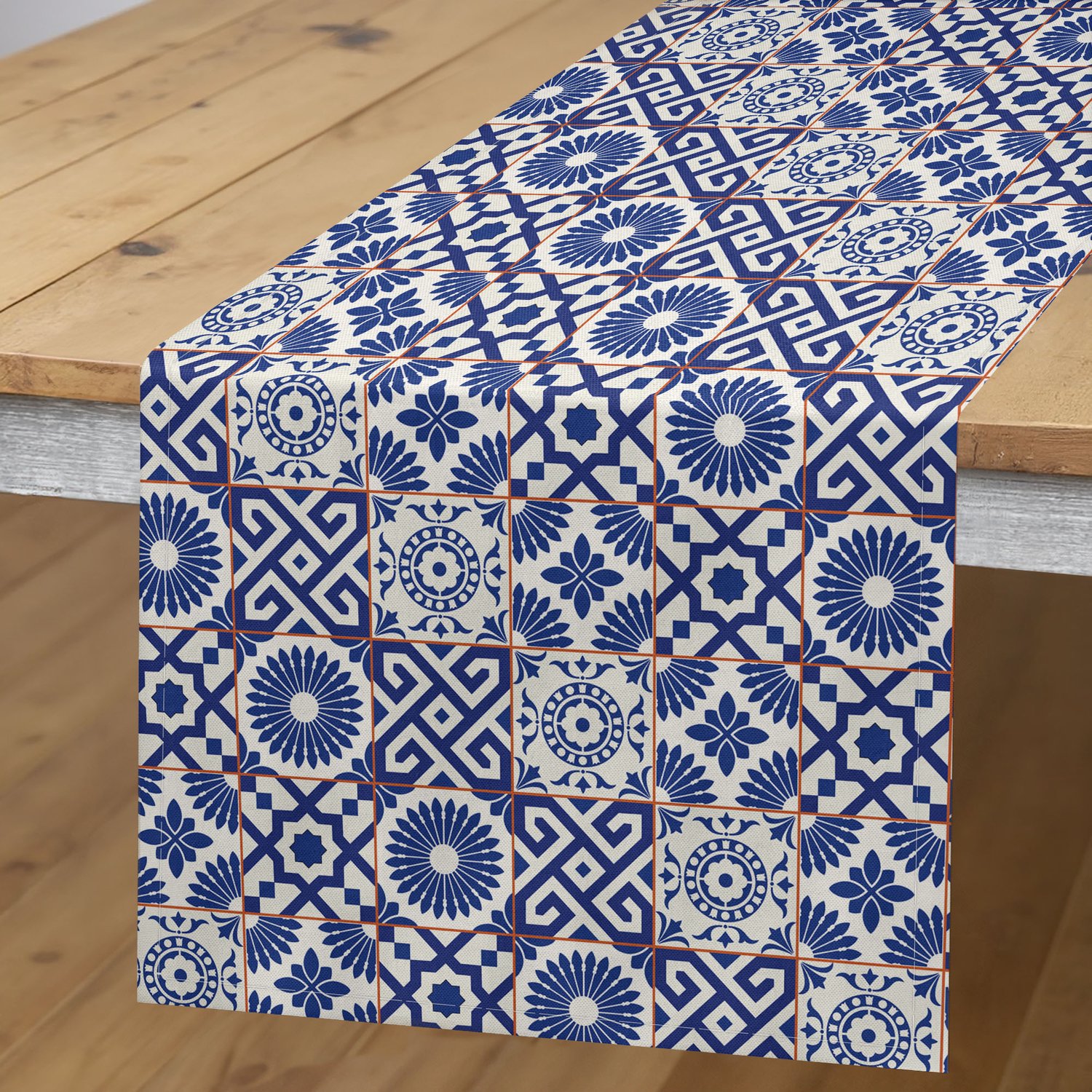 ABAKUHAUS Geometrische Tafelloper, Azulejo Tegelmotieven Portugees Keramiekpatroon Europese Kunst, Rechthoekige Tafelloper voor Eetkamer en Keuken, 40 x 180 cm, Gebrand Sienna Koningsblauw