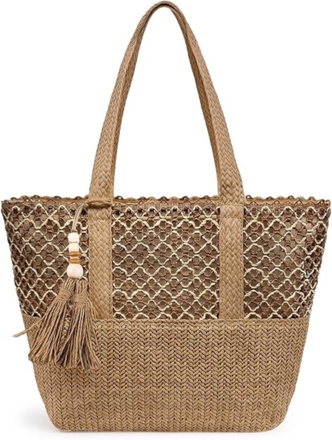 Strandtas voor dames - Grote gevlochten schoudertas - Handtas voor strandspullen - Geweven tas met ritssluiting - Dames met binnen vakken - Bruin - 37 x 10 x 32 cm
