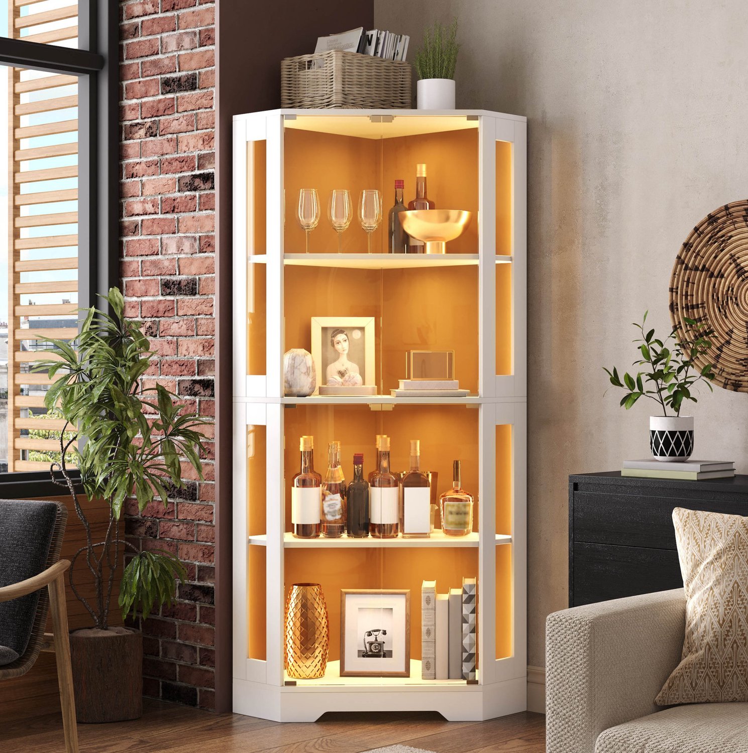 WUVRIE - Keukenkast 60x60x165 cm - Vitrine met 4 glazen deuren, RGB-LED en verstelbare planken - Wit