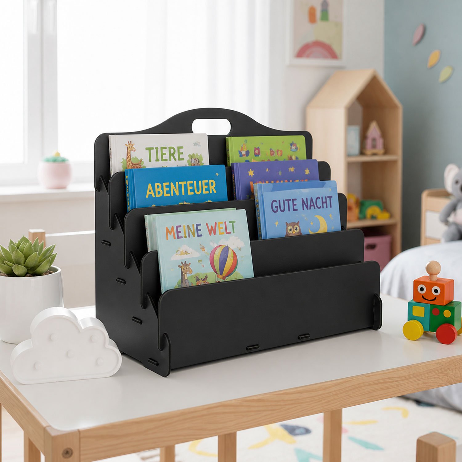 Jungengel Montessori Kinderboekenkast Zwart 4 Vakken - Boekenrek Kind Kinderkamer Speelkamer - Boekenstandaard met Handvat MDF 45x20x35 cm - Voorkant Boeken Zichtbaar - Zonder Schroeven - Cadeau Leeshoek Peuter