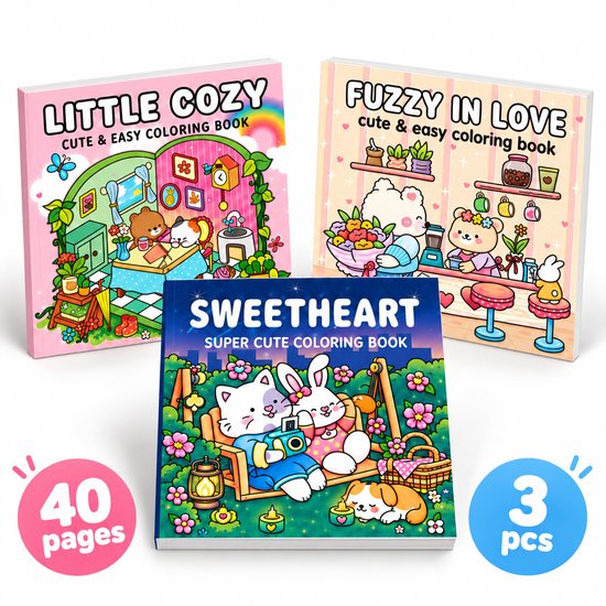 Drie kleurboeken: Little Cozy, Sweetheart en Fuzzy in Love, met schattige dieren en scènes.