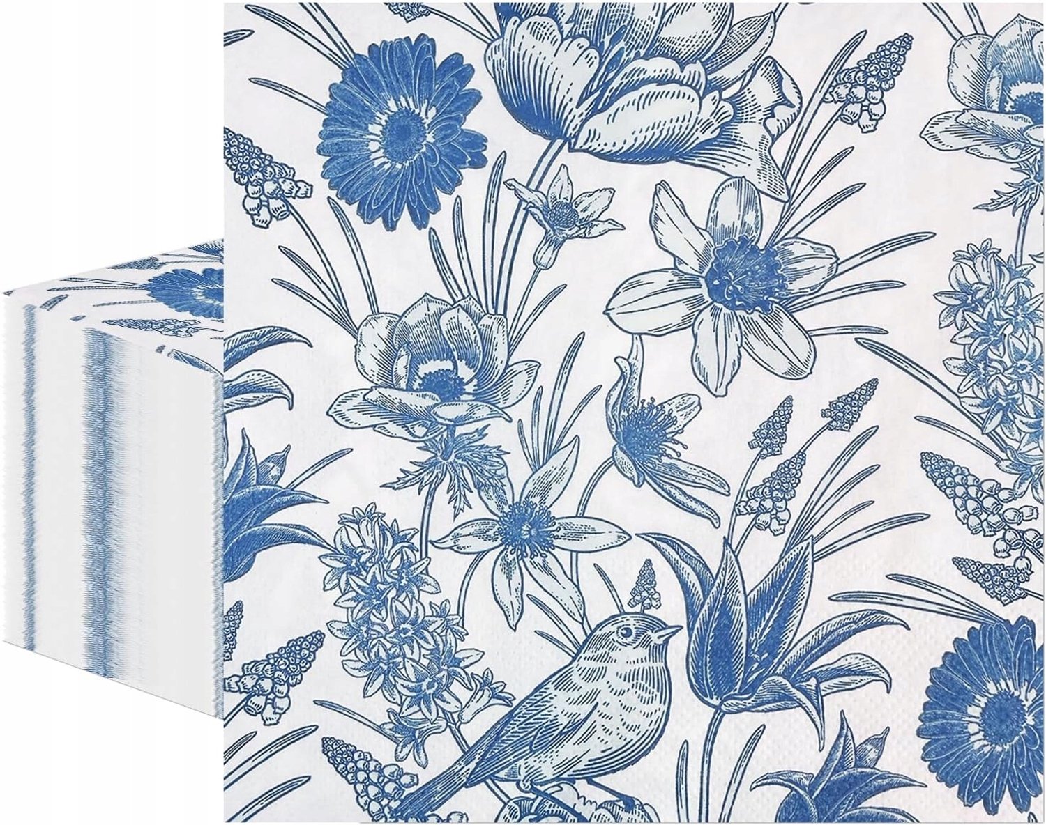 Blauwe Papieren Servetten 33cm - 40 Stuks - Bloemendessin