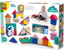 SES Creative Tiny Talents Houten Bouwblokken met Dieren en Tas - 52 Stuks - Vanaf 1 Jaar - Baby Speelgoed - Motorische Ontwikkeling - Schoencadeautjes Sinterklaas