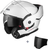 Witte Beon Stradale systeemhelm met 180 graden vizier en extra getint zonnevizier.
