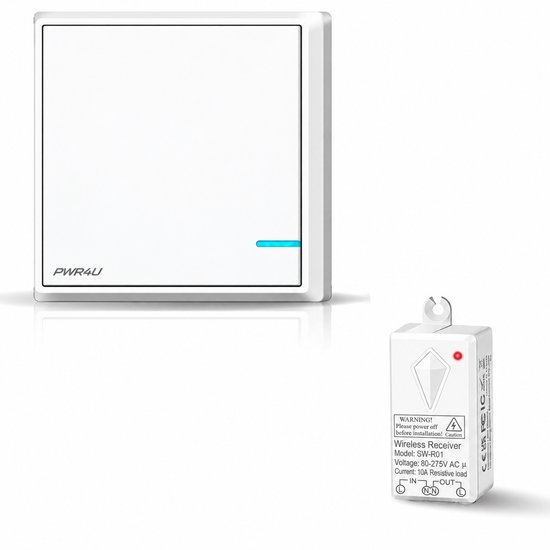 Witte PWR4U draadloze wandschakelaar met blauwe indicator en bijbehorende draadloze ontvanger.
