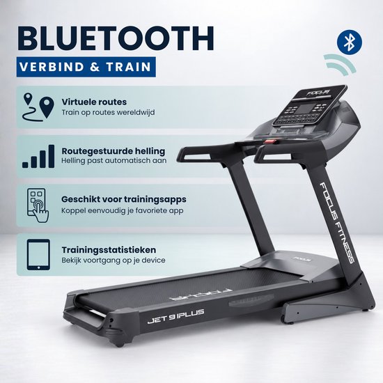 Focus Fitness Jet 9 iPlus loopband met Bluetooth-informatie over virtuele routes en trainingsapps.