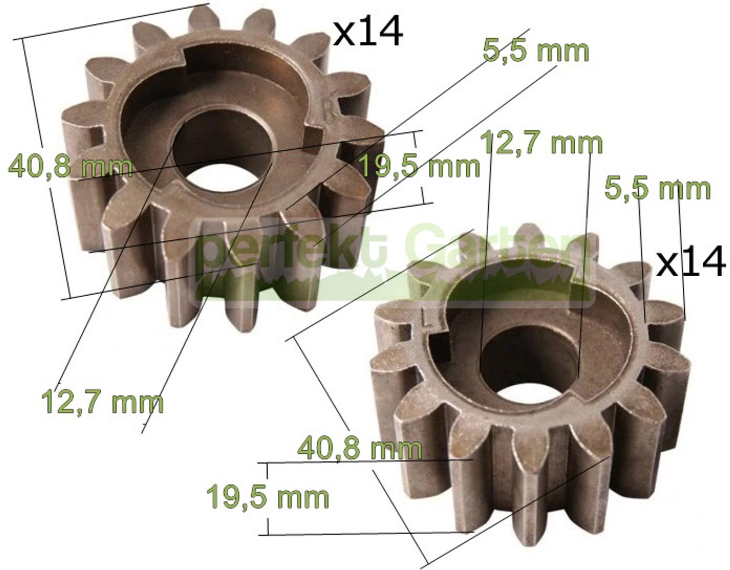 2X aandrijftandwiel met 14 tanden, rechts- en linksdraaiend, voor geïmporteerde grasmaaiers en grasmaaiers uit tuincentra
