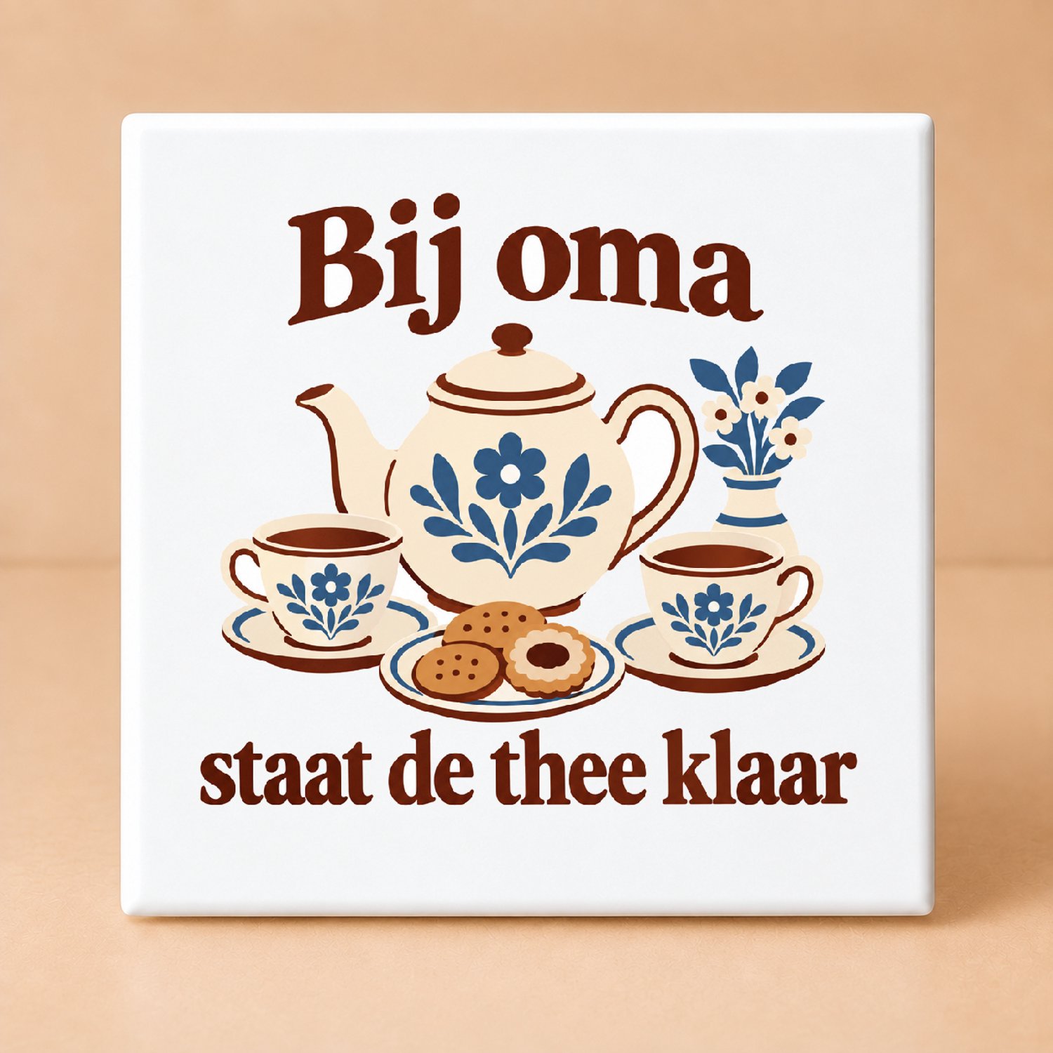 Bedruk King Vrolijke De thee-tante in winterstand Tegel – Kleurrijke plat design en nostalgisch cadeau voor oma fans - 11 x 11 cm Wit