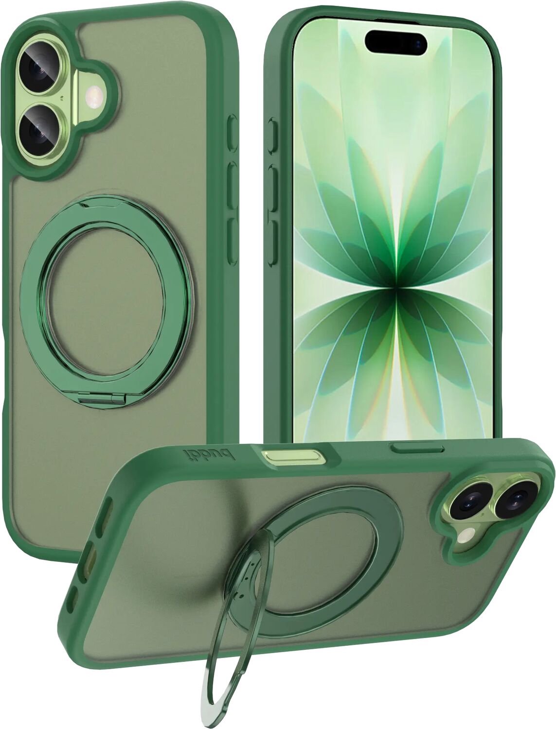 Buddi Frost Hoesje Geschikt voor Apple iPhone 17 - Mat Groen - Met Ring Stand - MagSafe Back Cover - Matchende kleur - Met 360° Draaibare Standaard - Shockproof - Slank