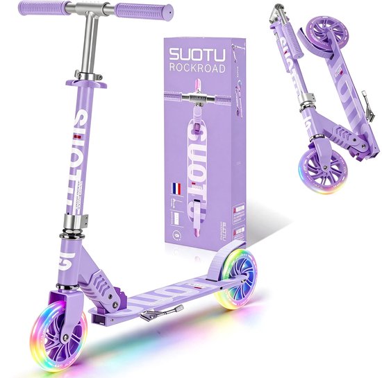 Paarse Suotu Rockroad step met inklapbaar frame en oplichtende wielen in een bijpassende paarse verpakking.