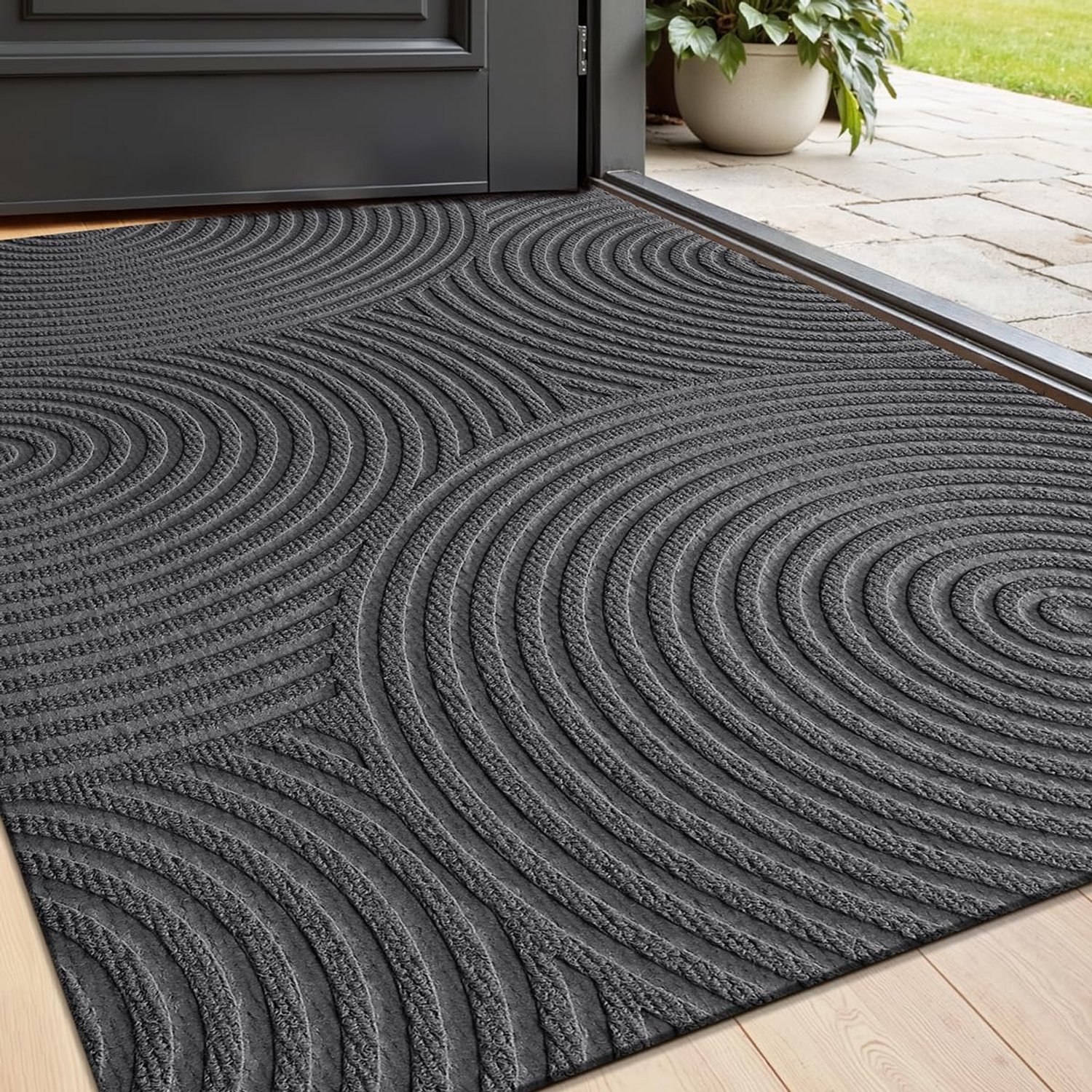 Deurmat voor binnen buiten - Vuilvangmat voor voordeur entree - Antislip mat voor hal - Wasbare mat met groeven - Polyester bovenkant rubber onderzijde - Golvend druppelmotief met cirkels - Grijs - 45 x 75 cm