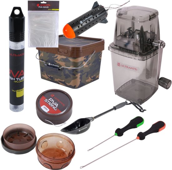 Complete Ultimate aas-set met camouflage emmer, PVA-producten, boiliecrusher, voerschep en bait needles.