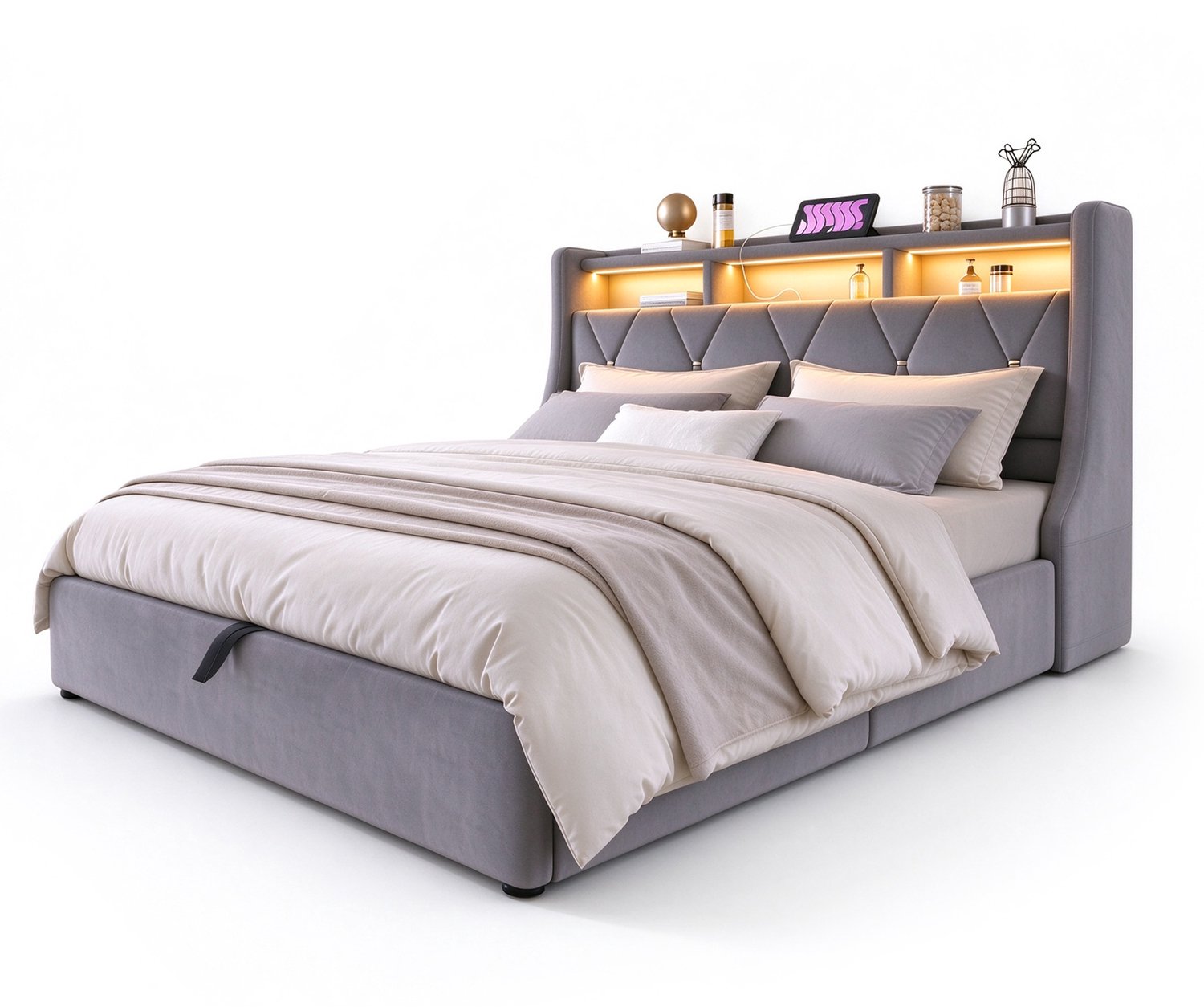 MUVANO Gestoffeerd bed 160x200 met opbergruimte - Hydraulisch liftsysteem - Fluweel - Hoofdbord met USB-C en ledverlichting - Tweepersoonsbed grijs