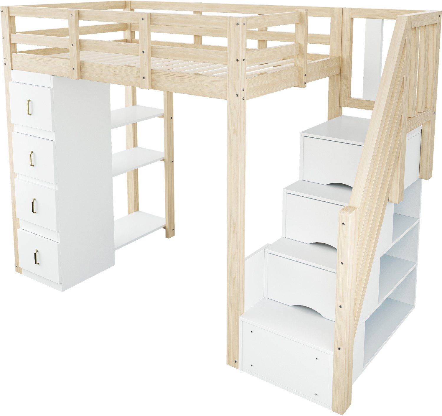 MUVANO Hoogslaper 90x200 cm - Houten bed met opbergtrap, 4 lades en 3 legplanken - Lattenbodem en uitvalbeveiliging - Kinder- en tienerkamer - Naturel