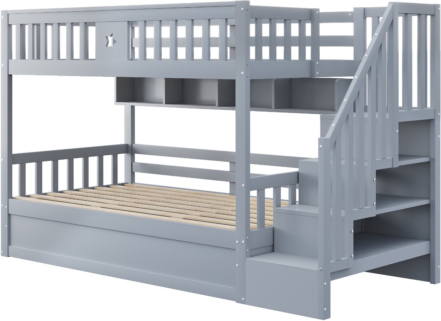 MUVANO Grijs houten stapelbed 90x200 cm met opbergtrap, hydraulisch opklapbaar onderbed, hoge uitvalbeveiliging en opbergvakken