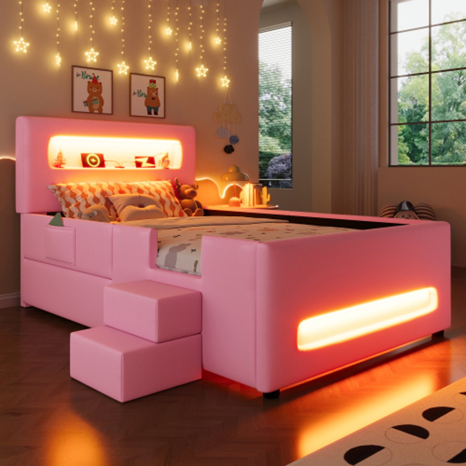 Zubaliya Kinderbed, Eenpersoonsbed, Gestoffeerd platformbed (90 x 200 cm) met trap, lades, LED-lichtstrips, USB en opbergtassen, Roze