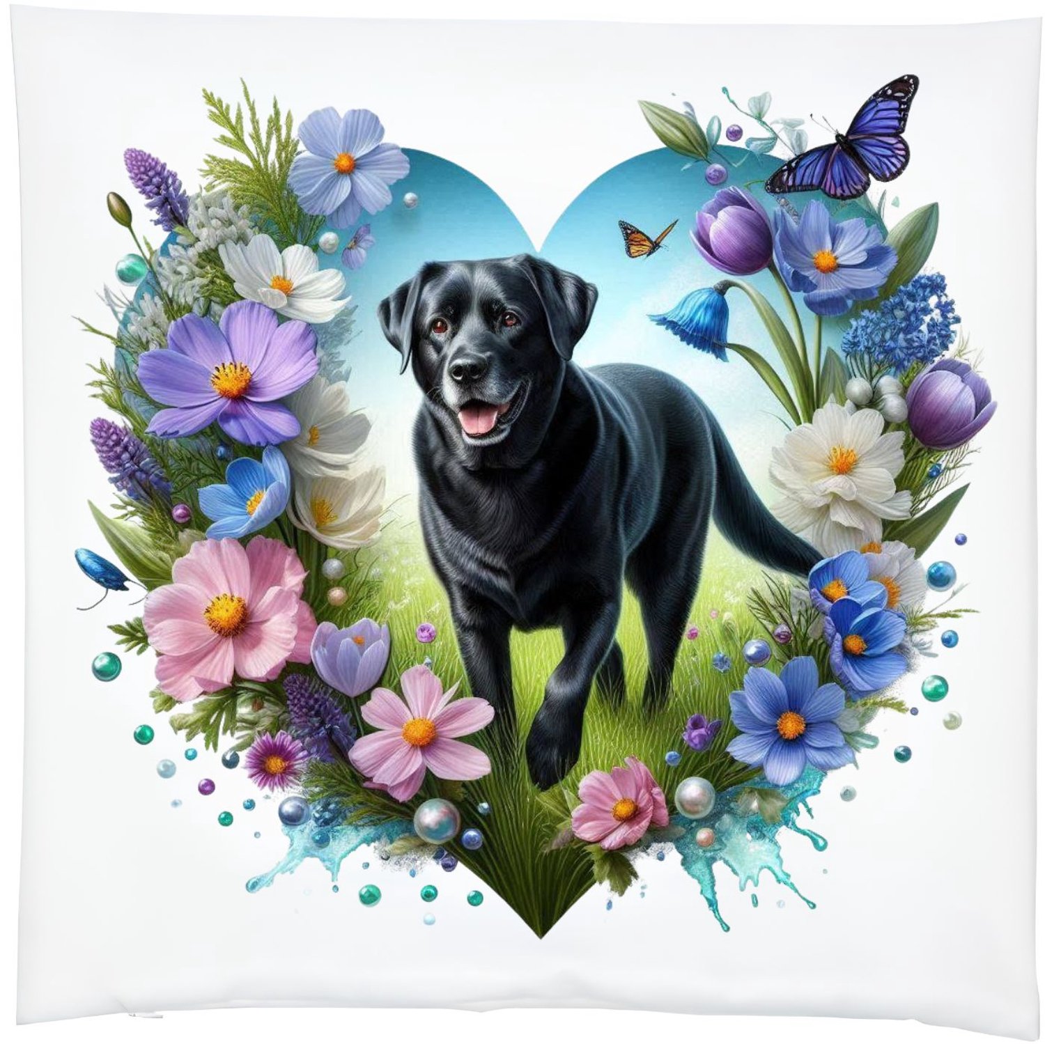 Radey's Kussensloop labrador retriever - bloemen en hart - 39x39 cm - met rits - Exclusief vulling Diver