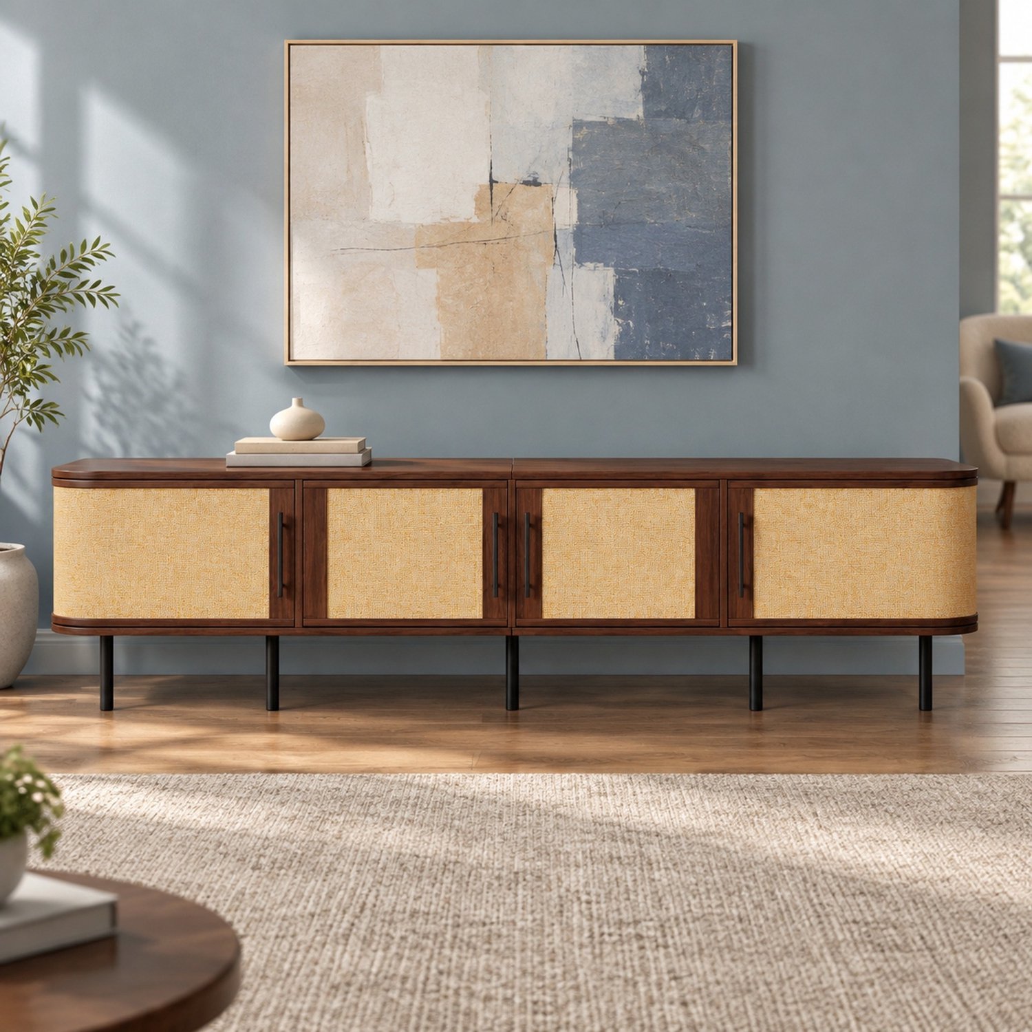 Maisentiel Tv-meubel met gevlochten front - 4 deuren - MDF - walnootkleur - 180 cm Walnootbruin