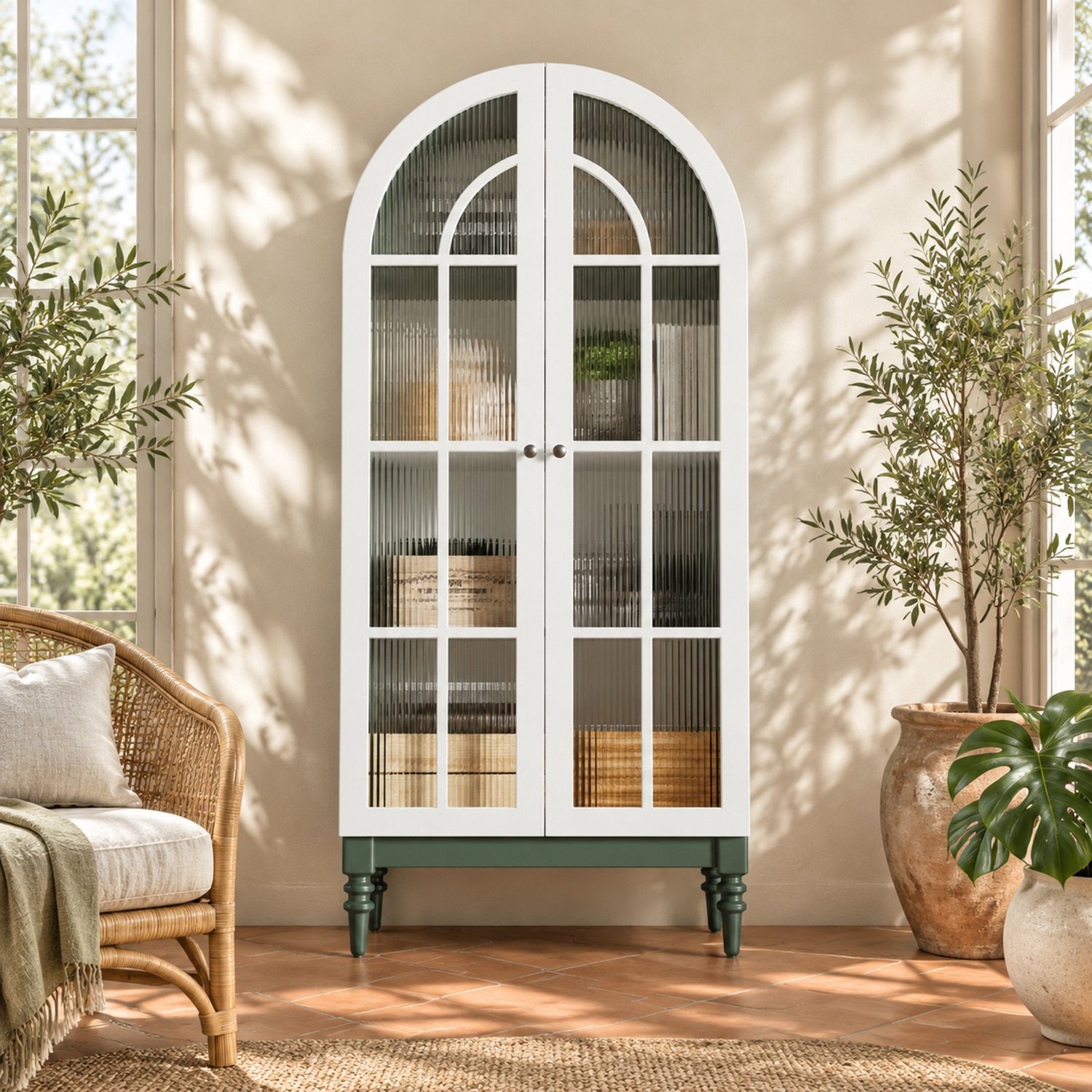 Maisentiel Boogvormige vitrinekast met 2 deuren en geribbeld glas - 76 x 38,5 x 165 cm - donkergroen/wit Donkergroen, wit