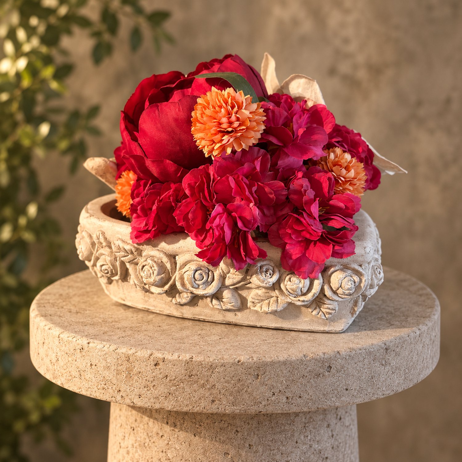 Seta Fiori Grafdecoratie Hart met Vogeltjes en Kunstbloemen 25 cm - Handgemaakt Uniek Exemplaar - Herdenkingsstuk - Fel roze en rood