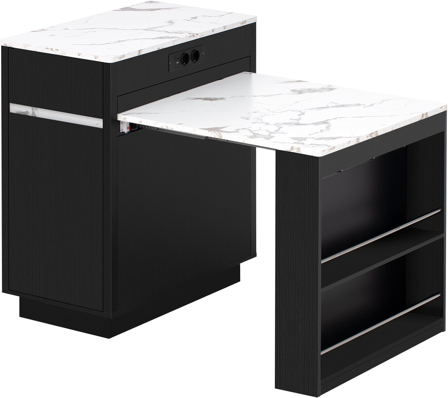 MUVANO Keukeneiland met uitschuifbare eettafel - Op wielen - Ledverlichting en stopcontacten - MDF en spaanplaat - 94 cm hoog - Keuken en eetkamer - Zwart