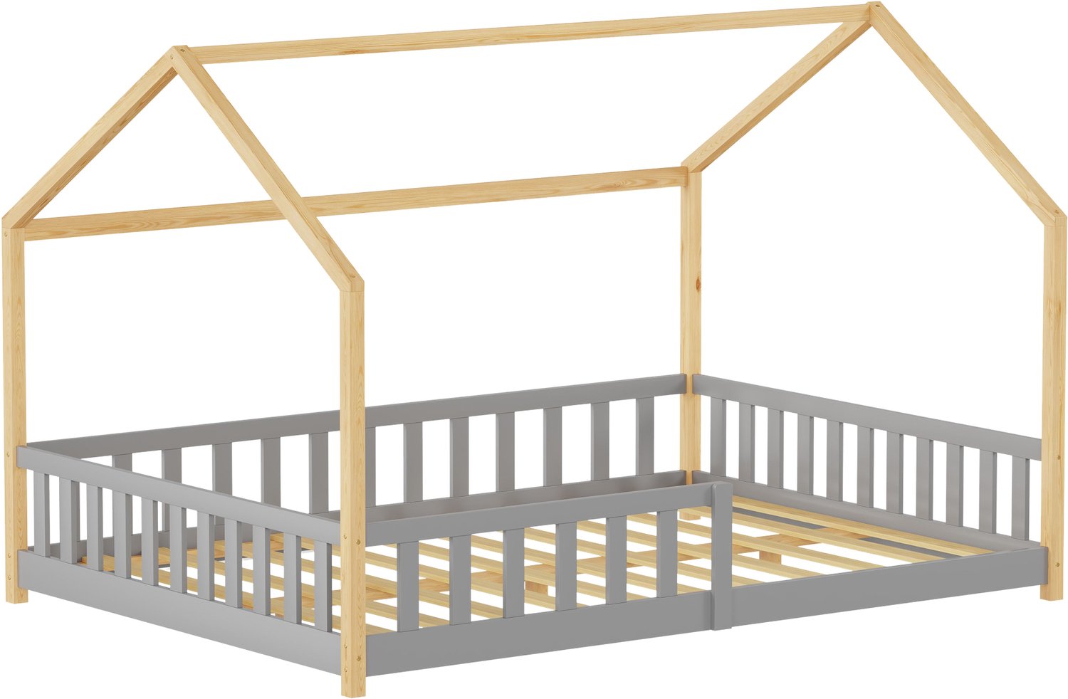 en.casa Kinderbed Hesel montessori bed met uitvalbeveiliging 140x200 cm grijs en naturel [en.casa]