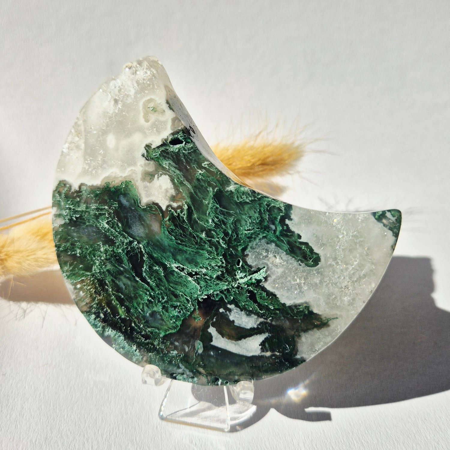 Moonlight Gemstones Edelsteen Mosagaat Maan op Standaard (Druzy & Patronen) Agaat - #319 10-12cm Meerkleurig
