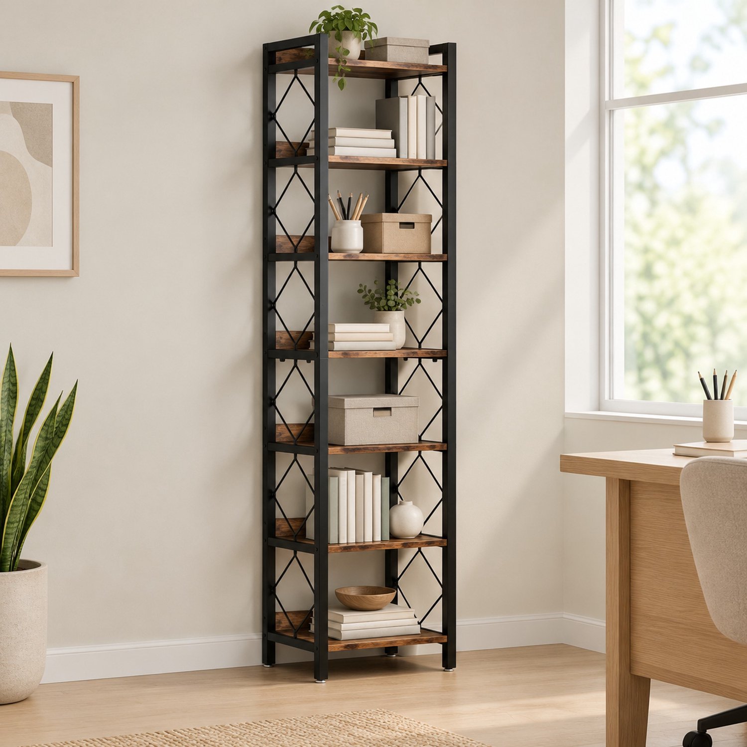 OKWISH Boekenkast Smal – 34 x 34 x 200 Cm – Metaal En Spaanplaat – Zwart En Rustiek Bruin – 7 Open Planken Voor Woonkamer Of Kantoor