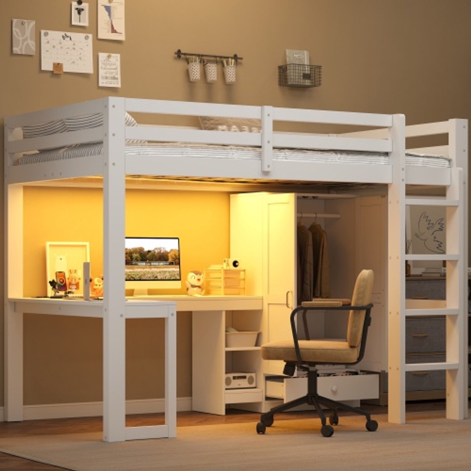 Zubaliya Kinderbed, Eenpersoonsbed, 90x200 Hoogslaper met bureau, rekken, kledingkast, USB-aansluiting en LED-verlichting, wit.